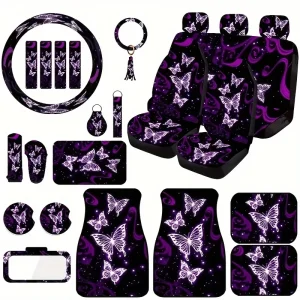 Purple Butterfly Ladies Car Interior Set